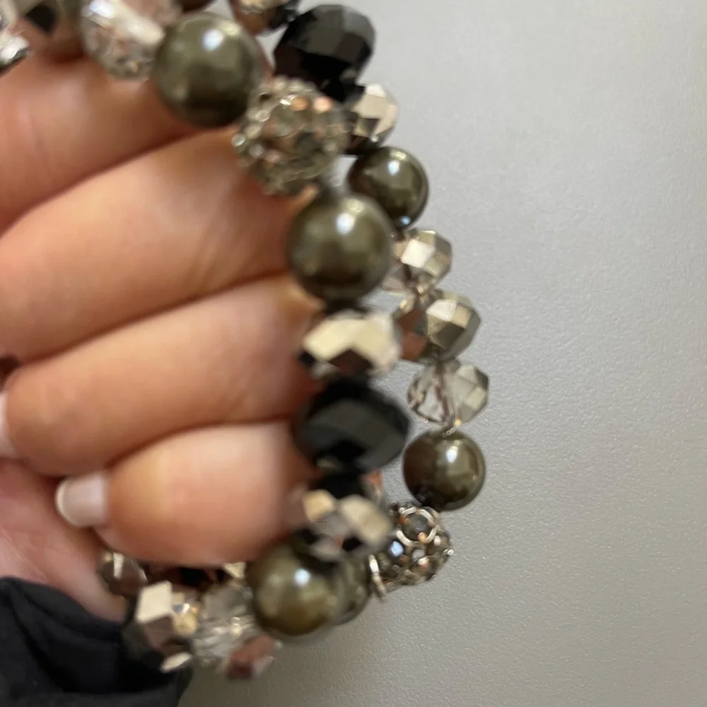 2 Beaded Stacking Bracelets with Black, Silver, Hematite, Rhinestone